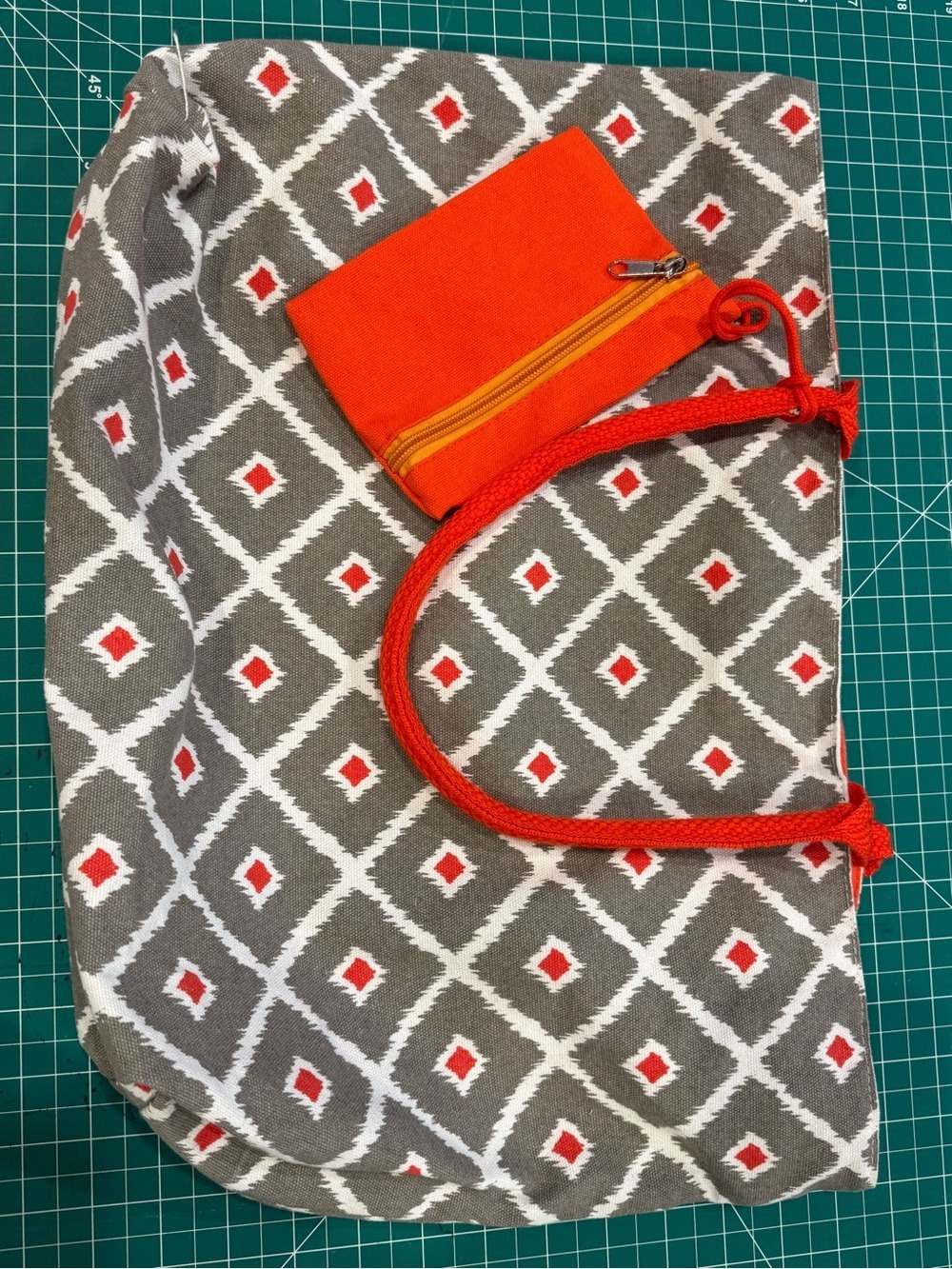 Canvas Tote Bag Gray Geometric Print Orange Handles Zip Pouch Large Shoulder Bag - Picture 4 of 5